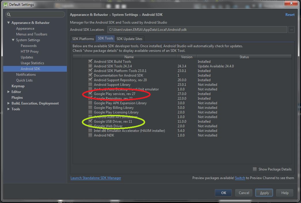 Instalar Google USB driver y Google Play Services