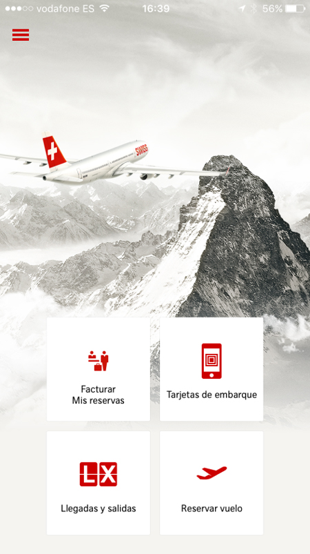 Ejemplo de estructura de navegación en hub de la aplicación móvil de Swiss Air para iPhone