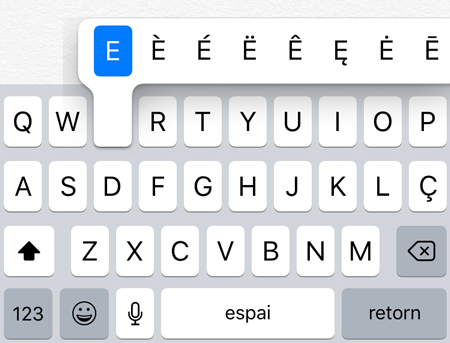 Al hacer un toque largo sobre el teclado, aparecen caracteres alternativos o acentuados.