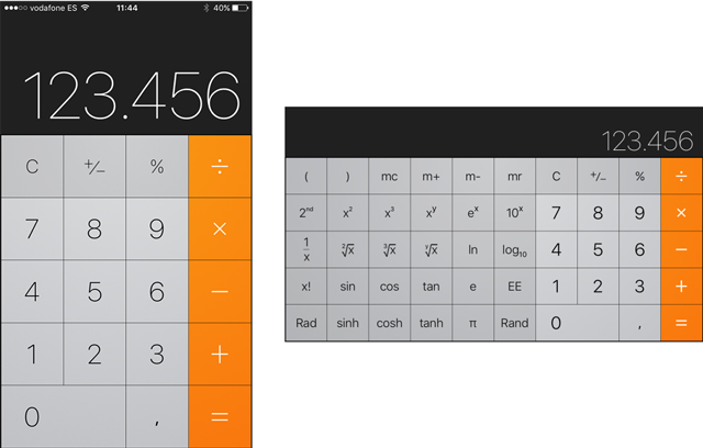 Ejemplo de vista alternativa en función de la orientación del dispositivo en la aplicación de calculadora para iPhone
