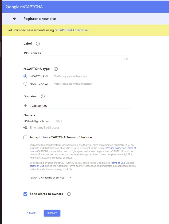 Formulario de alta de reCaptcha