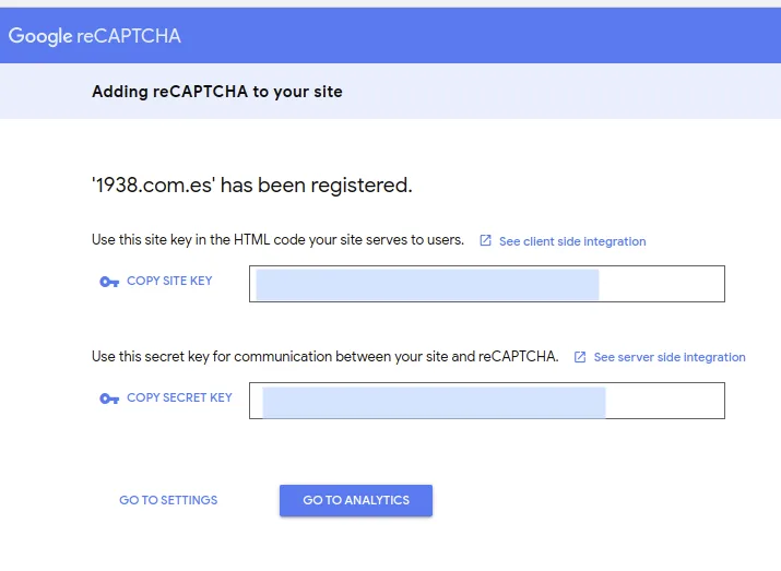 Claves generadas de reCaptcha