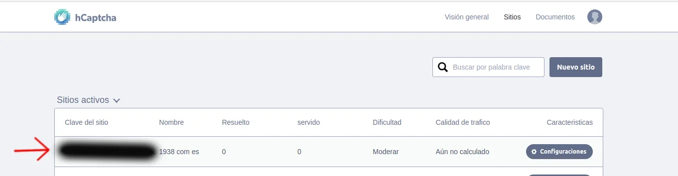 Resultado de creación de sitio en hCaptcha