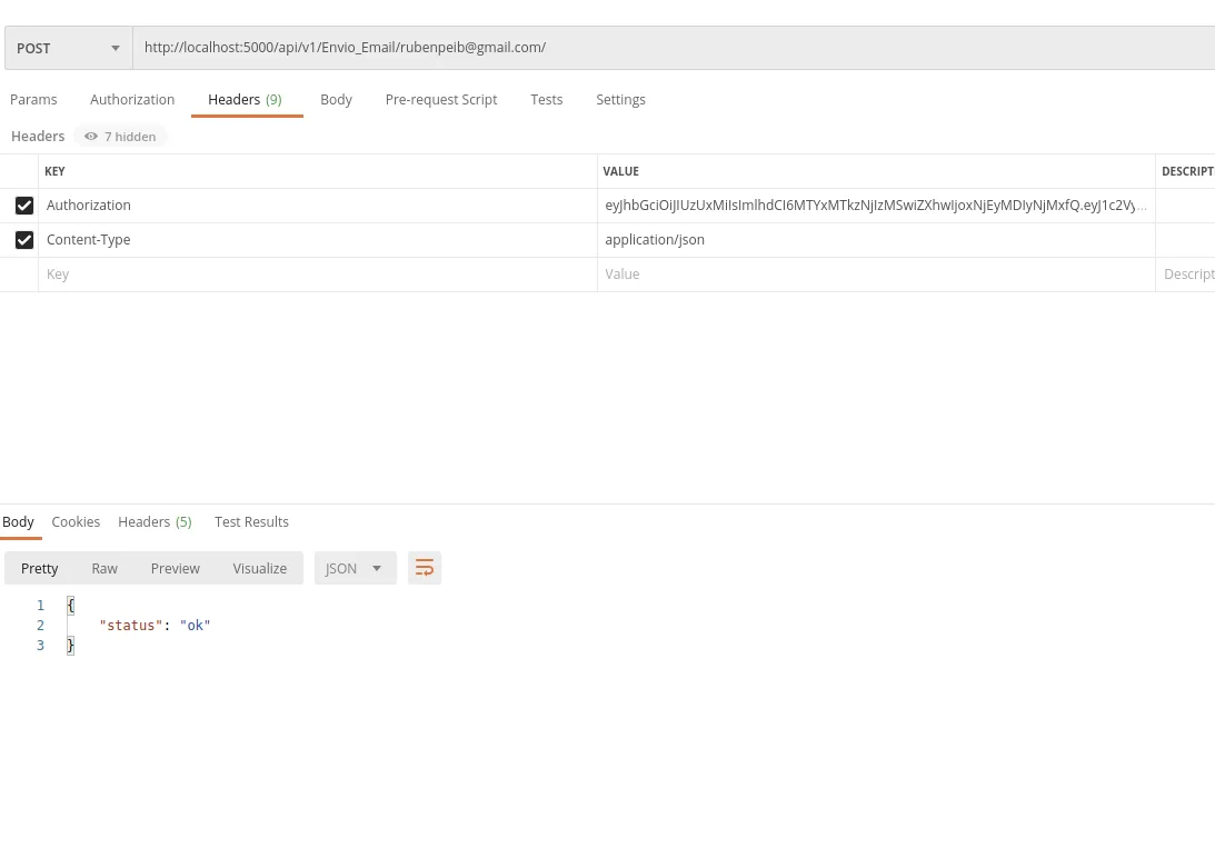 Petición autenticada al recurso de envío de email