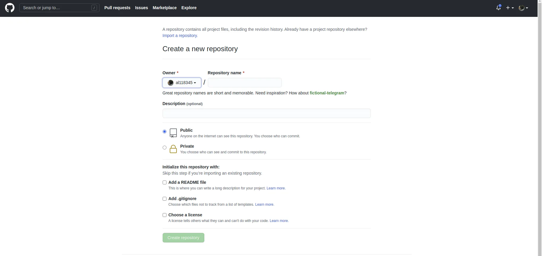 GitHub repository creation form