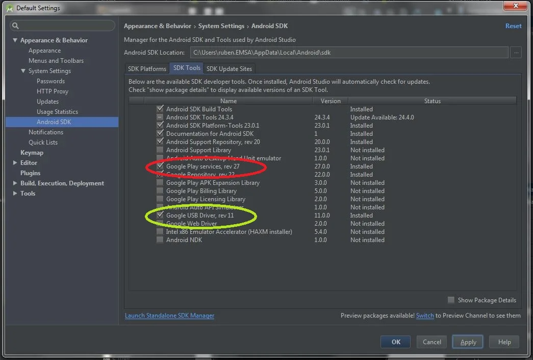 Instalar Google USB driver y Google Play Services