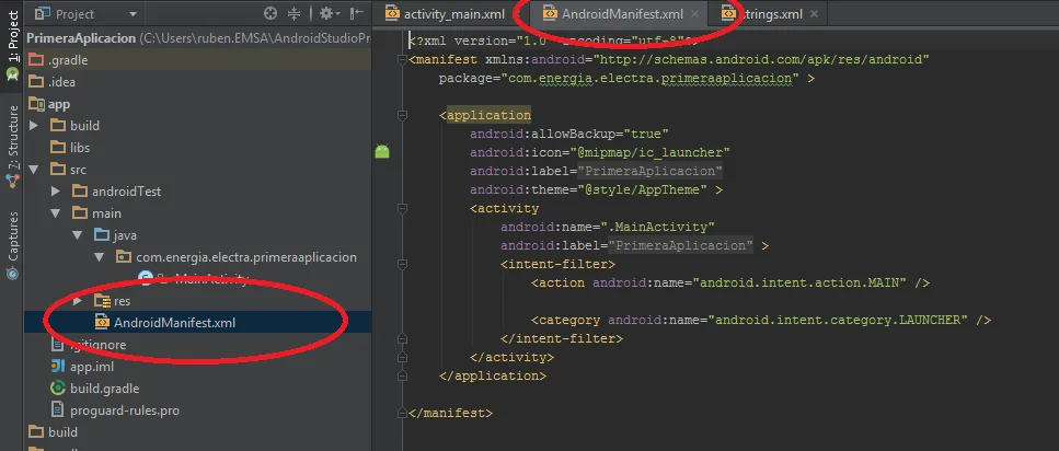 Ruta donde se almacena AndroidManifest.xml y su contenido