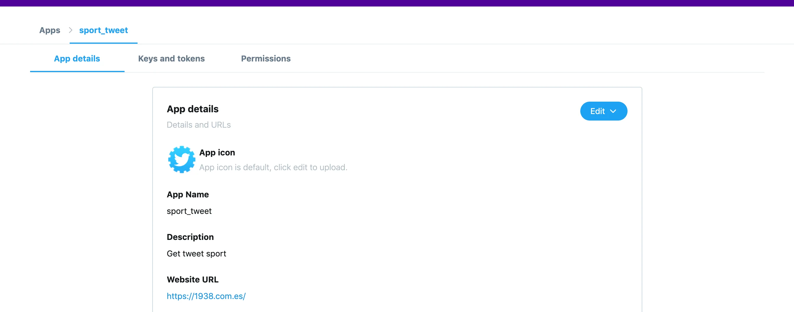 Resultado al crear una nueva aplicación en Twitter