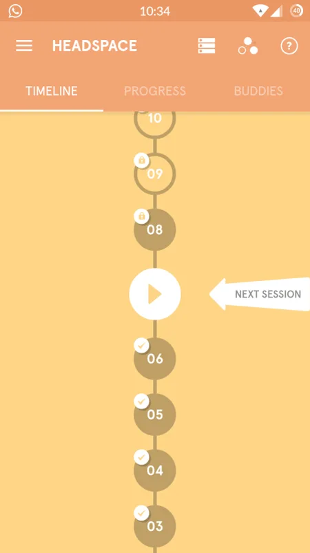 Ejemplo de navegación por pestañas de la aplicación para móvil Headspace (Android)