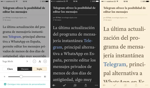 Para leer lo más cómodo posible, en la aplicación Pocket el usuario puede seleccionar entre diferentes opciones de visualización del texto (brillo de pantalla, fondo, tamaño y tipo de letra).