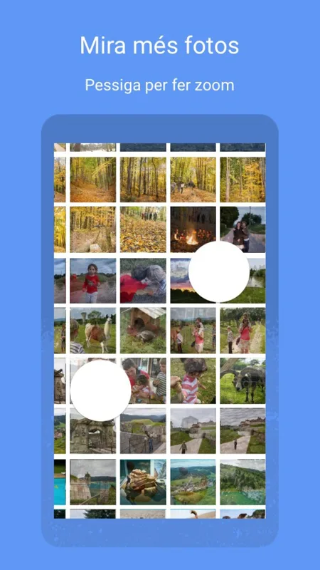 Google Fotos usa los gestos de pellizcar y separar con los dedos para alternar diseños en la vista principal de la aplicación.