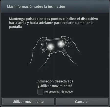 Algunos dispositivos Samsung (Android) permiten controlar el zoom en pantalla inclinando el dispositivo.