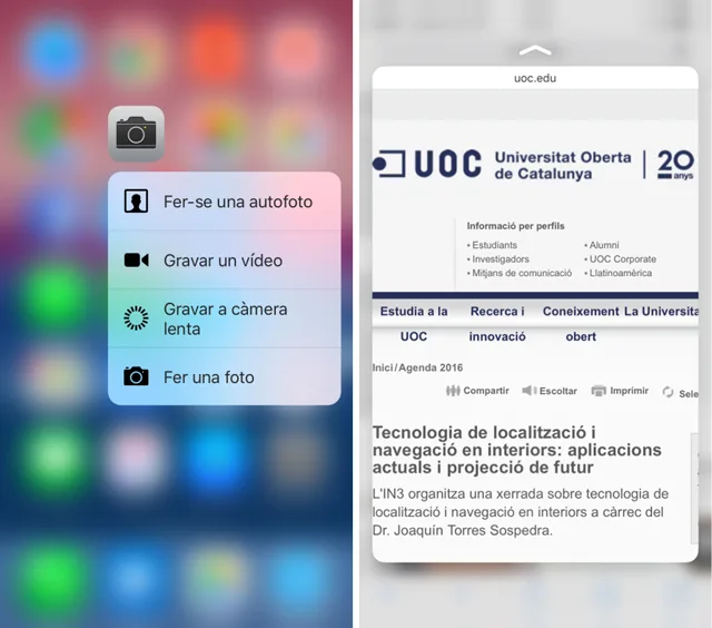 Con los gestos de peek y pop en un iPhone 6S podemos seleccionar una opción concreta antes de abrir una aplicación (izquierda) o hacer una vista previa de un enlace mientras navegamos por internet (derecha).
