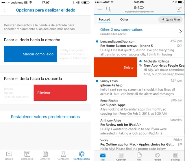 La aplicación para gestionar el correo electrónico Microsoft Outlook permite configurar gestos sobre las filas en la bandeja de entrada para marcar como leído, borrar, archivar o posponer fácilmente el correo recibido.