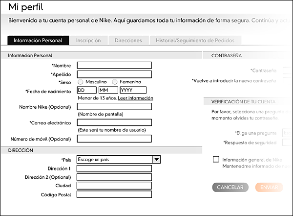 Los campos de fecha de nacimiento contienen valores de ayuda, que orientan al usuario sobre el formato de los datos. Fuente: https://store.nike.com/emeastore /?#,es,ES,;stage,frontpage---////|0